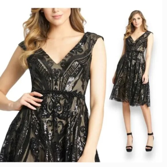 MAC DUGGAL 67514 SEQUINED BLACK/NUDE MIDI LACE DRESS sz 6 - Picture 5 of 5